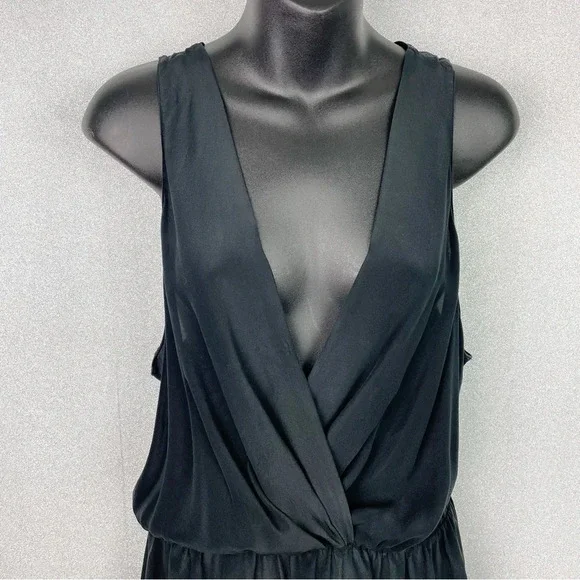 Rory Beca 100% Silk Romper Popover Mini Dress Plunging Cross Over V-Neck Black L - Picture 2 of 11